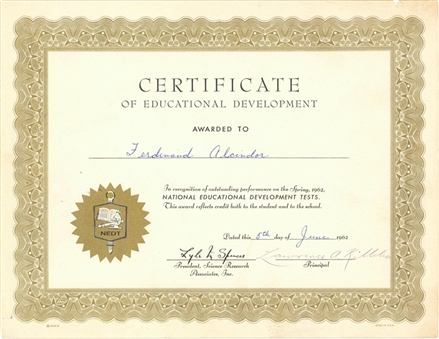 1962 Certificate of Educational Development Presented To Ferdinand Alcindor (Abdul-Jabbar LOA)